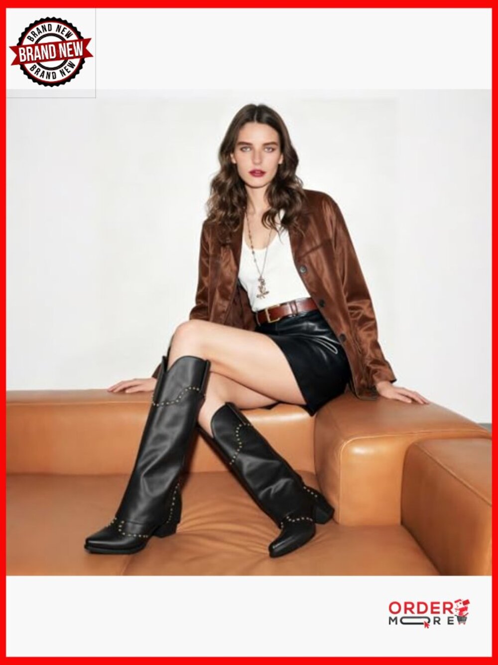 Knee High Fold Over Cowboy Boots with Chunky Heel and Studded Design - Picture 3 of 7